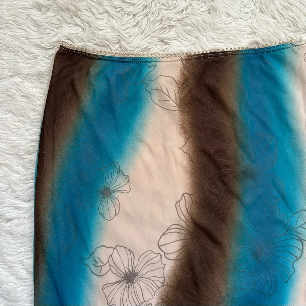 Vintage Fabiola USA Skirt Midi Y2K Pull On Sheer Floral Blue Brown Sz L - Picture 3 of 8